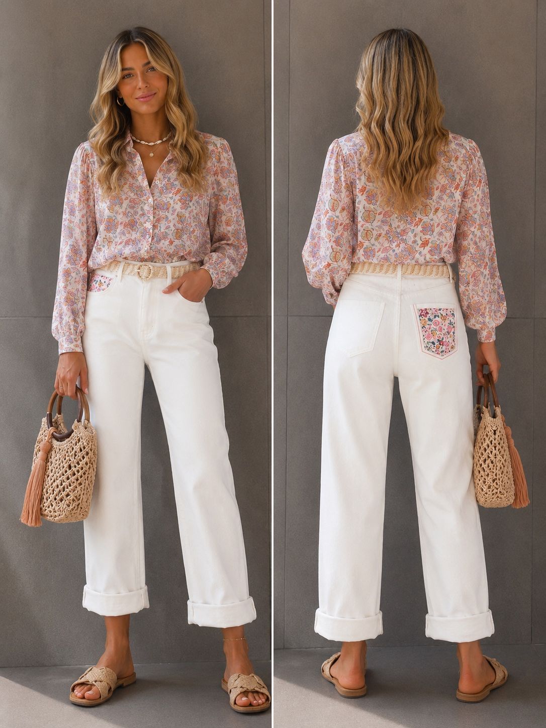 Zac & Zoe Jeans Bælte Blomster Broderi Ecru Hvid