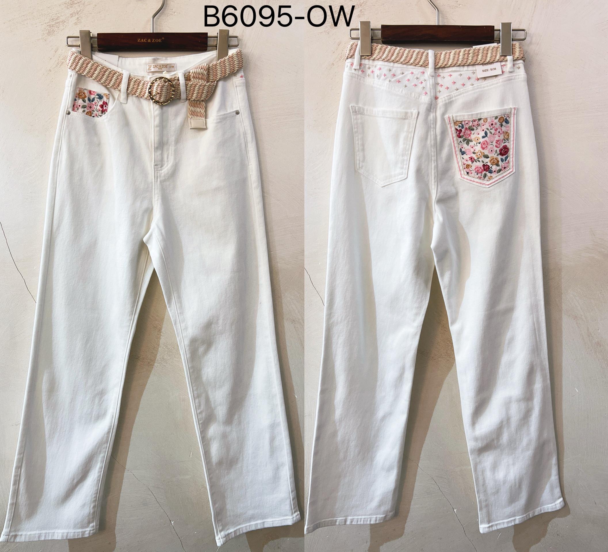Zac & Zoe Jeans Bælte Blomster Broderi Ecru Hvid