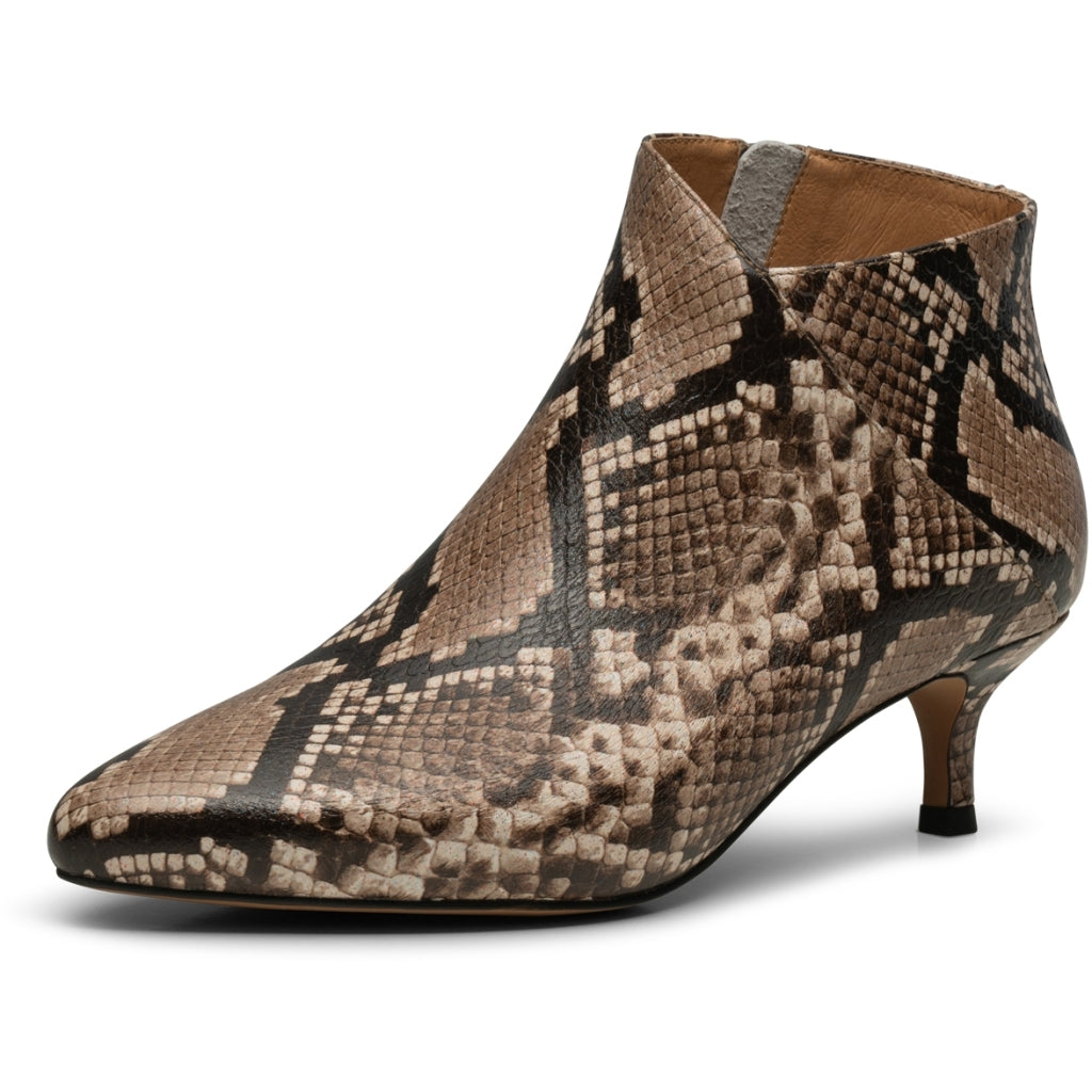 WODEN Saga Low Ankel Støvle Hæl Snake Print Beige