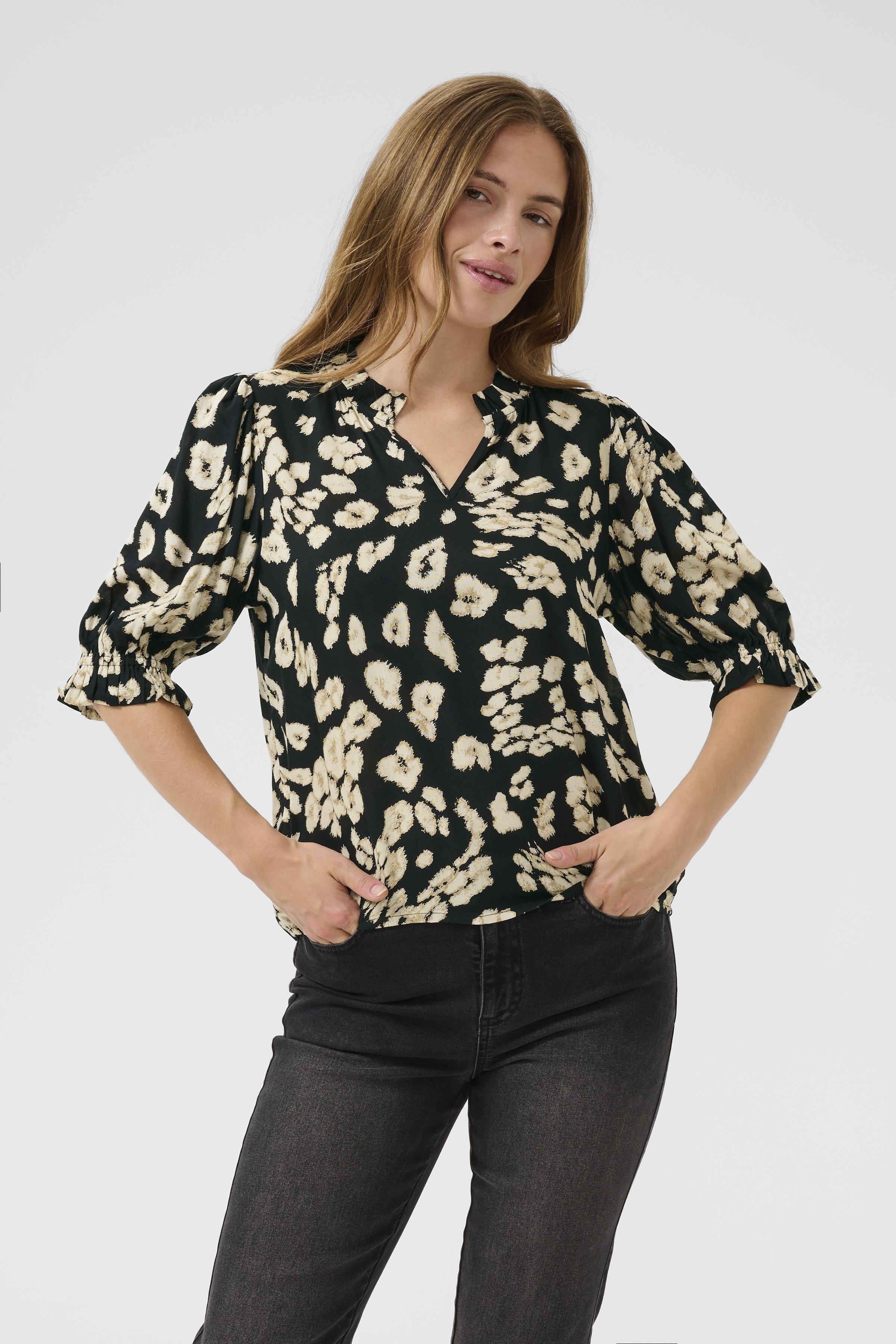 KAFFE Elly Bluse Leo Print Sort Sand