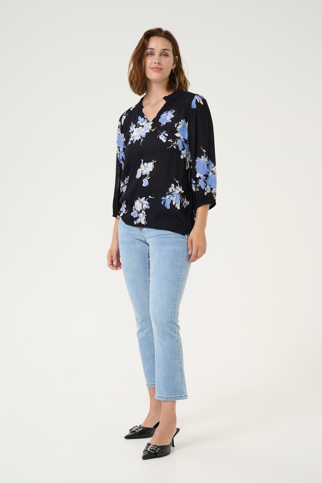 KAFFE Edita Amber Bluse Blomster Sort Blå