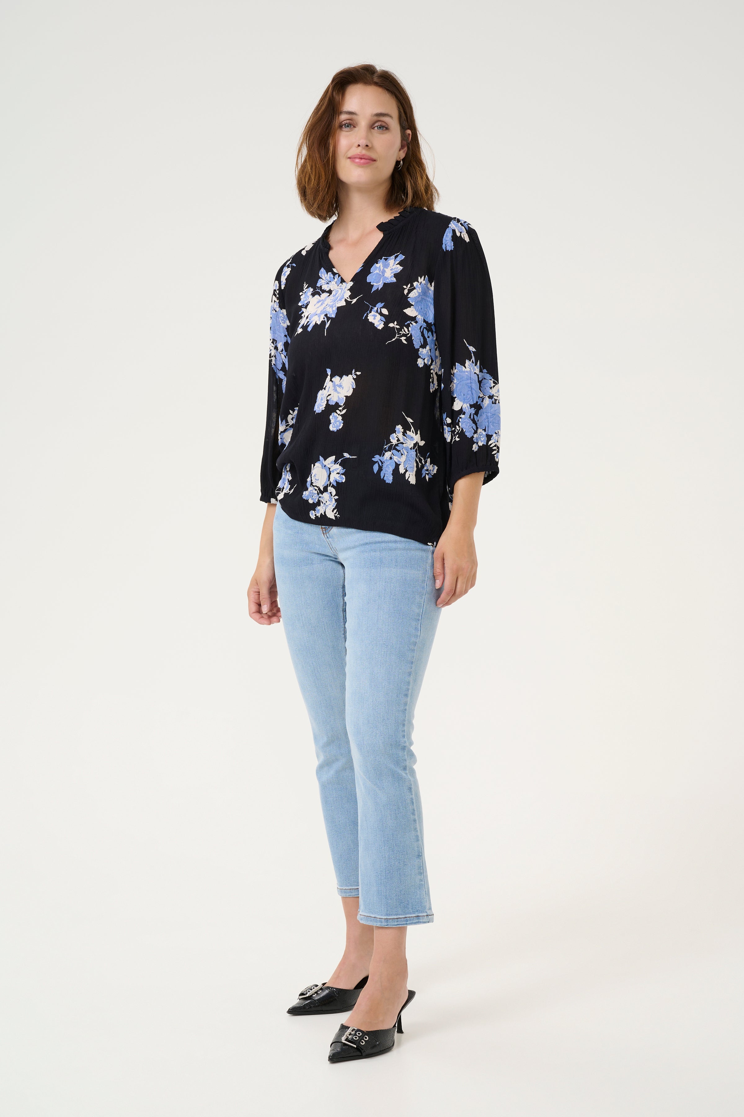KAFFE Edita Amber Bluse Blomster Sort Blå