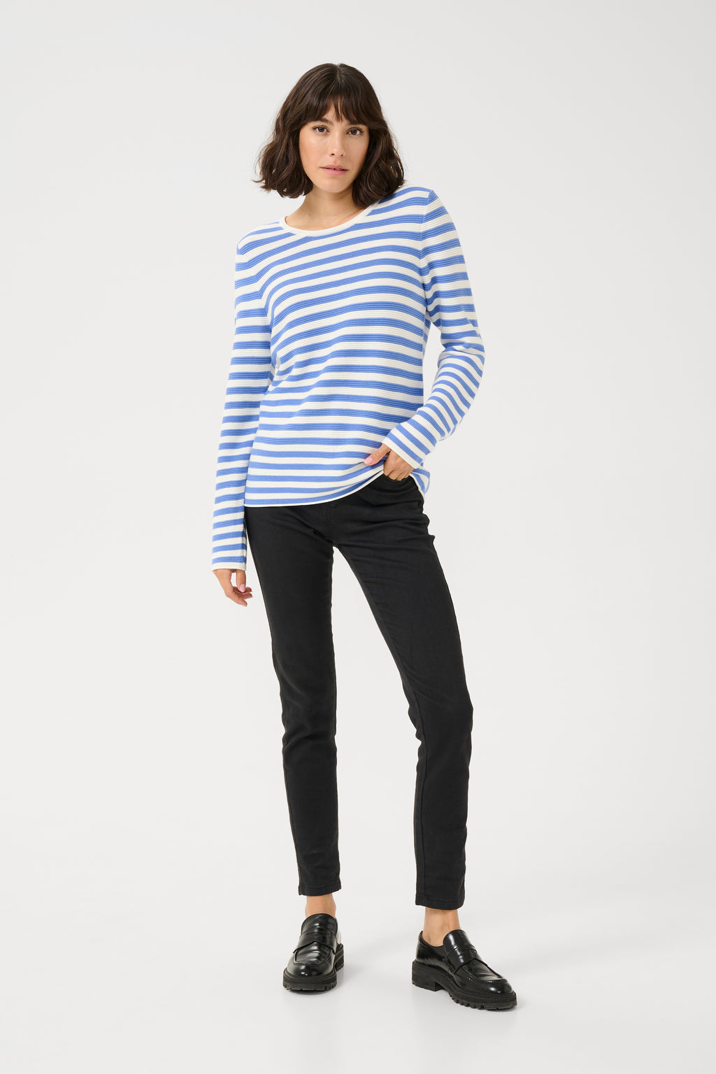 KAFFE Linka Pullover Stribet Blå Hvid