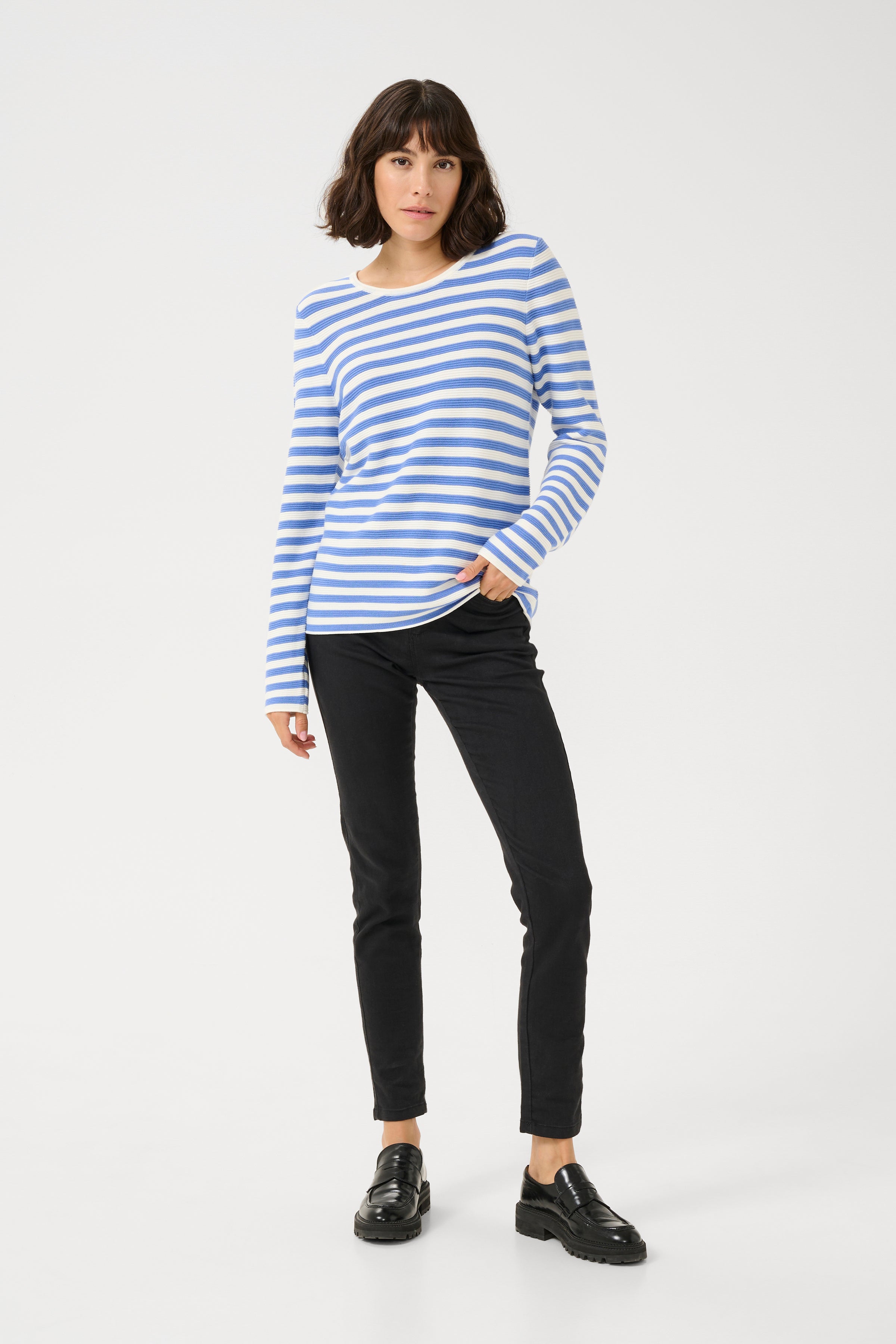 KAFFE Linka Pullover Stribet Blå Hvid