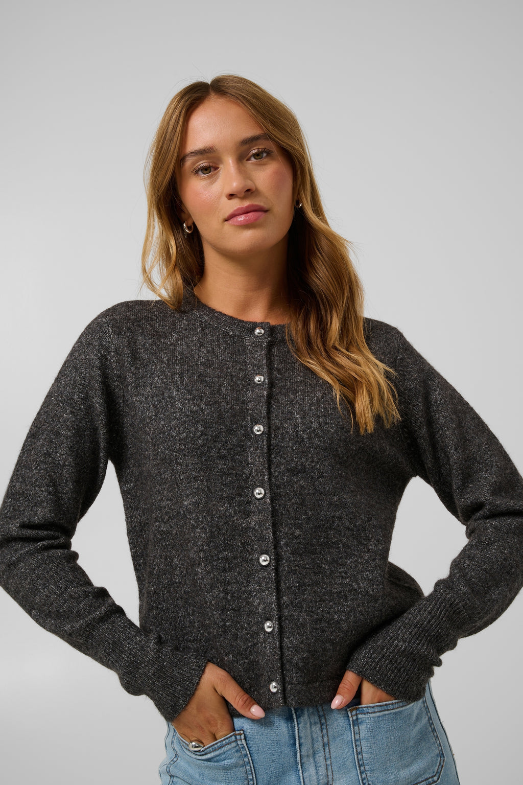 KAFFE Niel Strik Cardigan Mørk Grå Melange