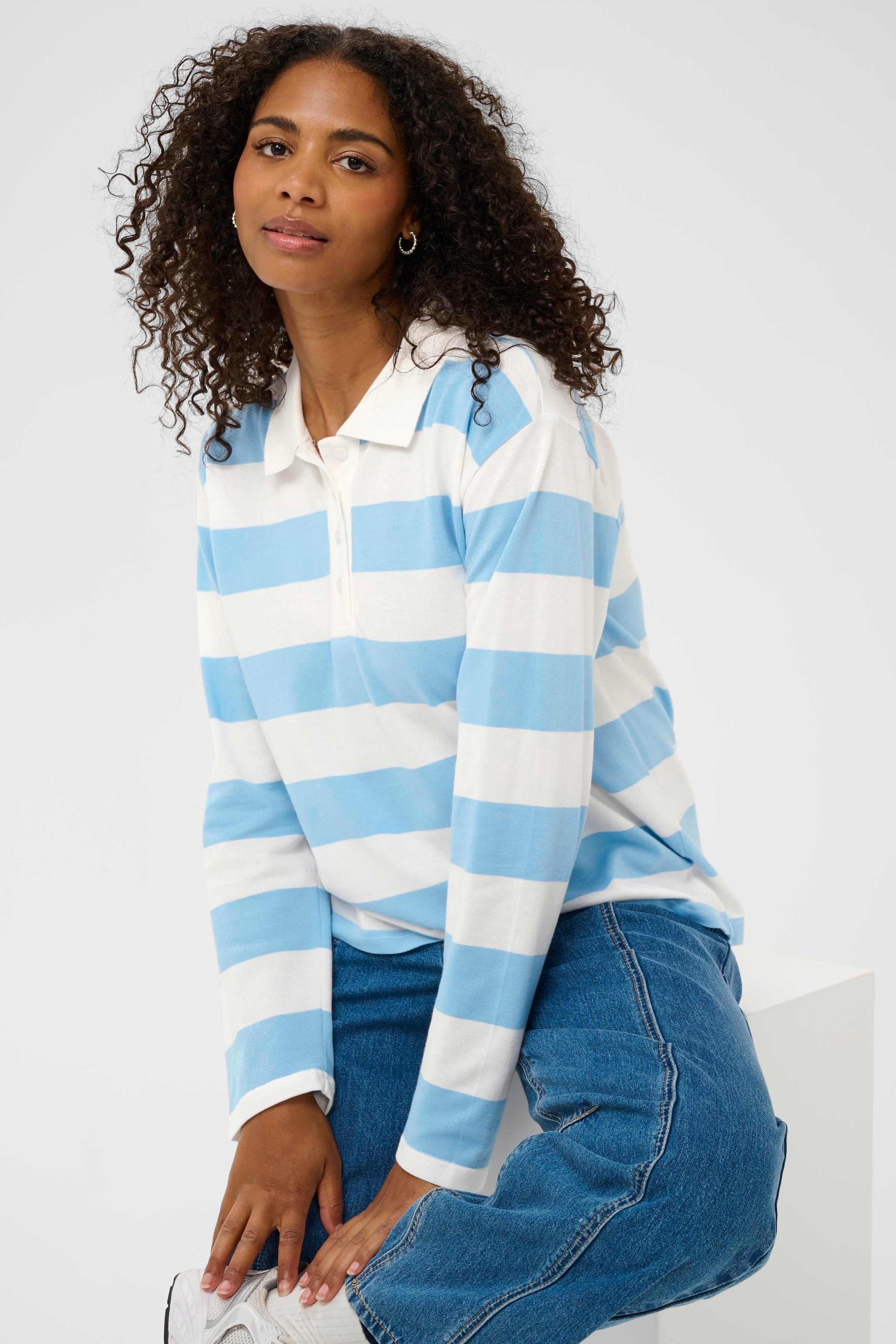 KAFFE Miala Polo T-shirt Langærmet Stribet Chalk With Powder Hvid Blå