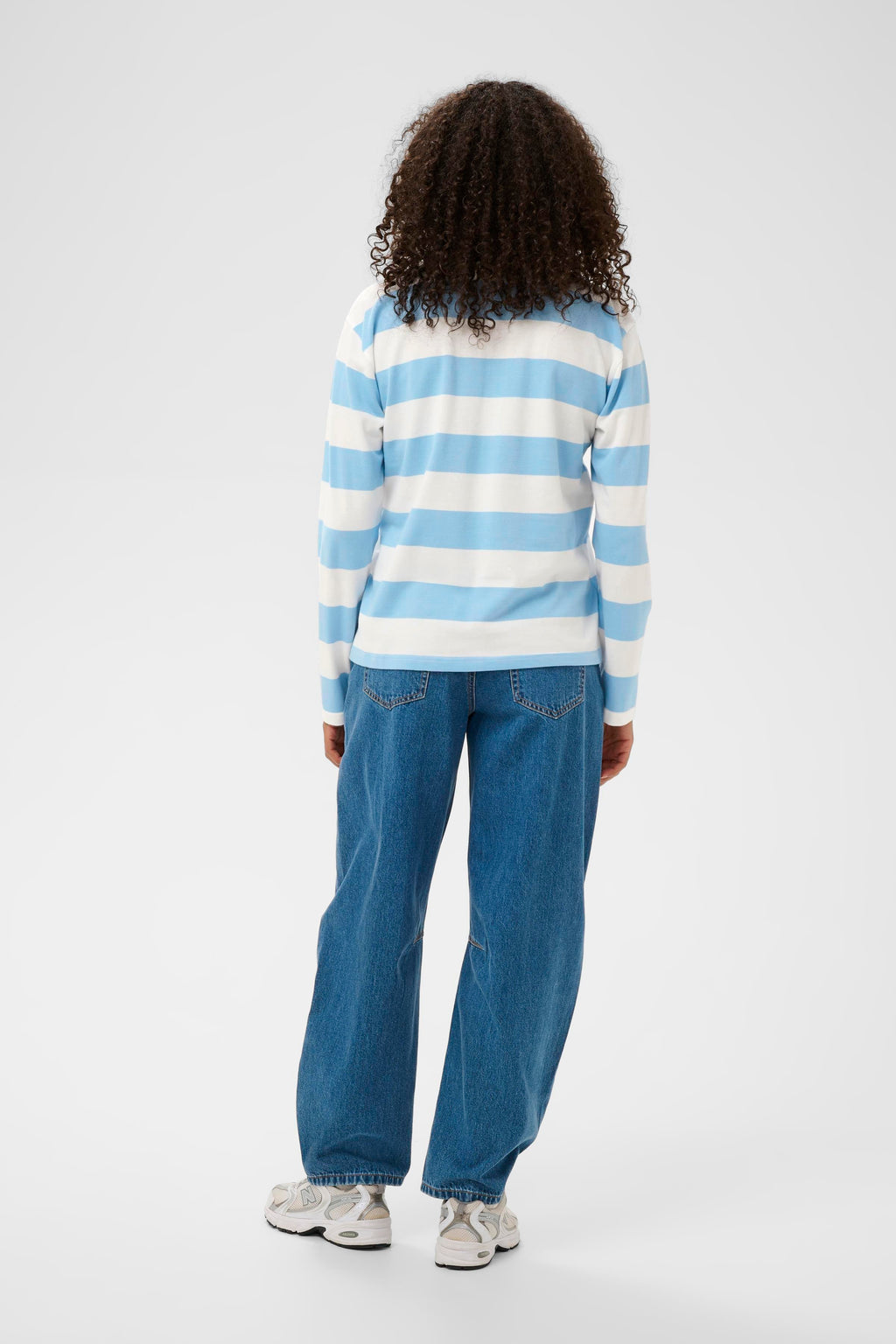 KAFFE Miala Polo T-shirt Langærmet Stribet Chalk With Powder Hvid Blå