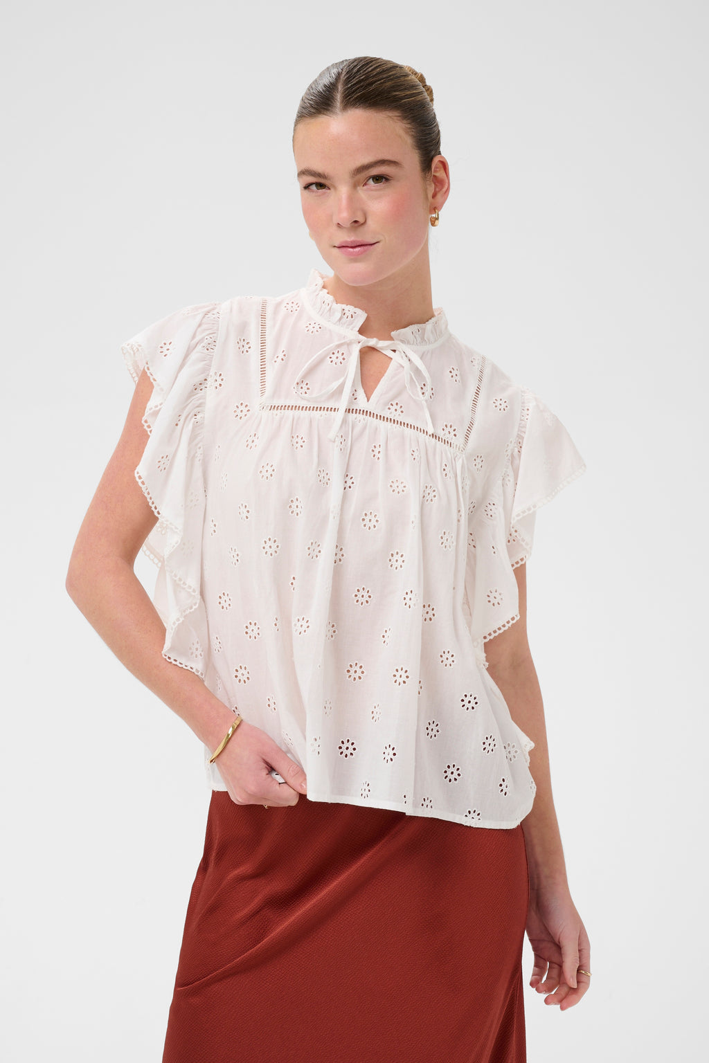 KAFFE Fiona Frill Top Chalk Hvid