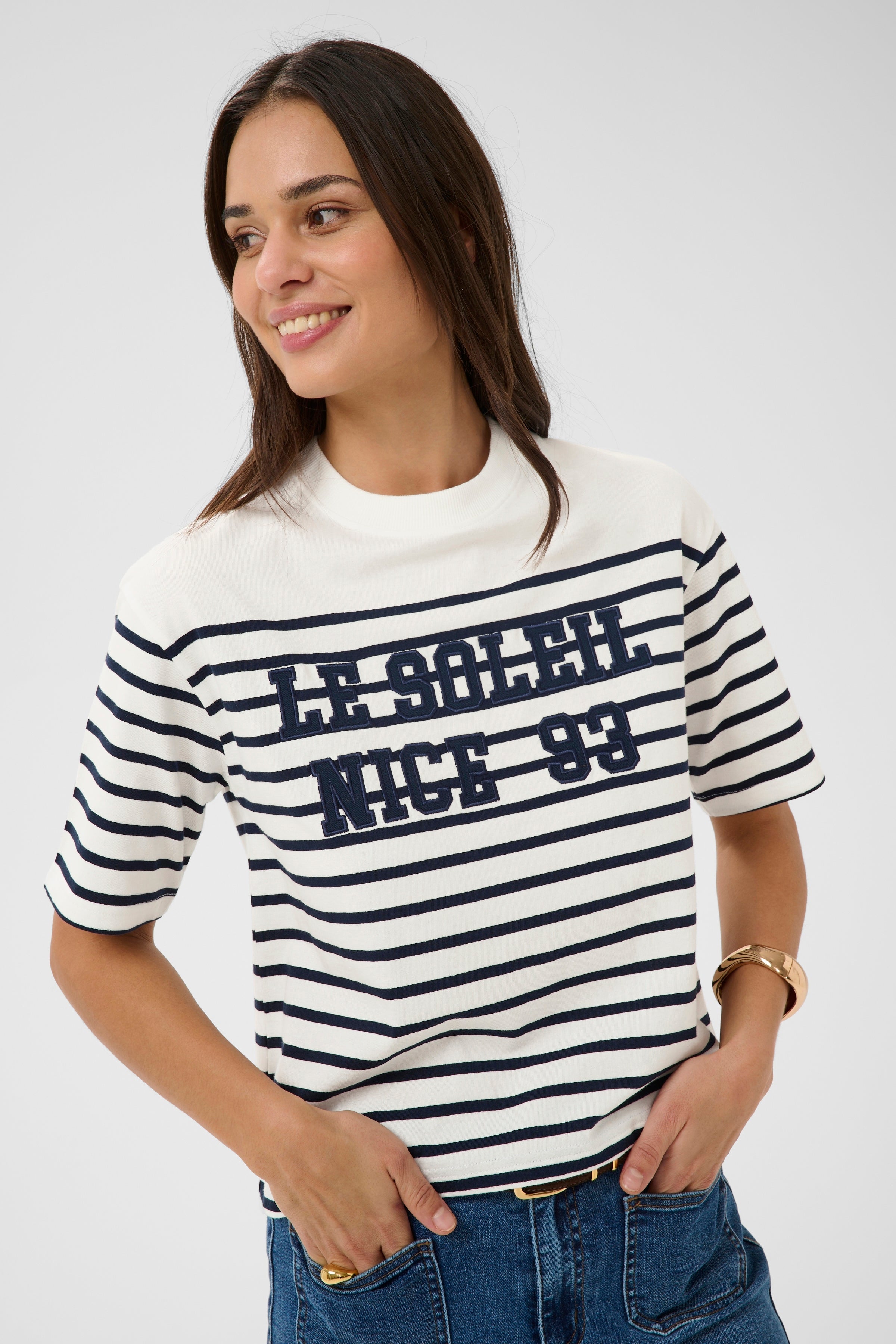 KAFFE Nolia T-shirt Stribet Chalk Hvid Midnight Marine Blå