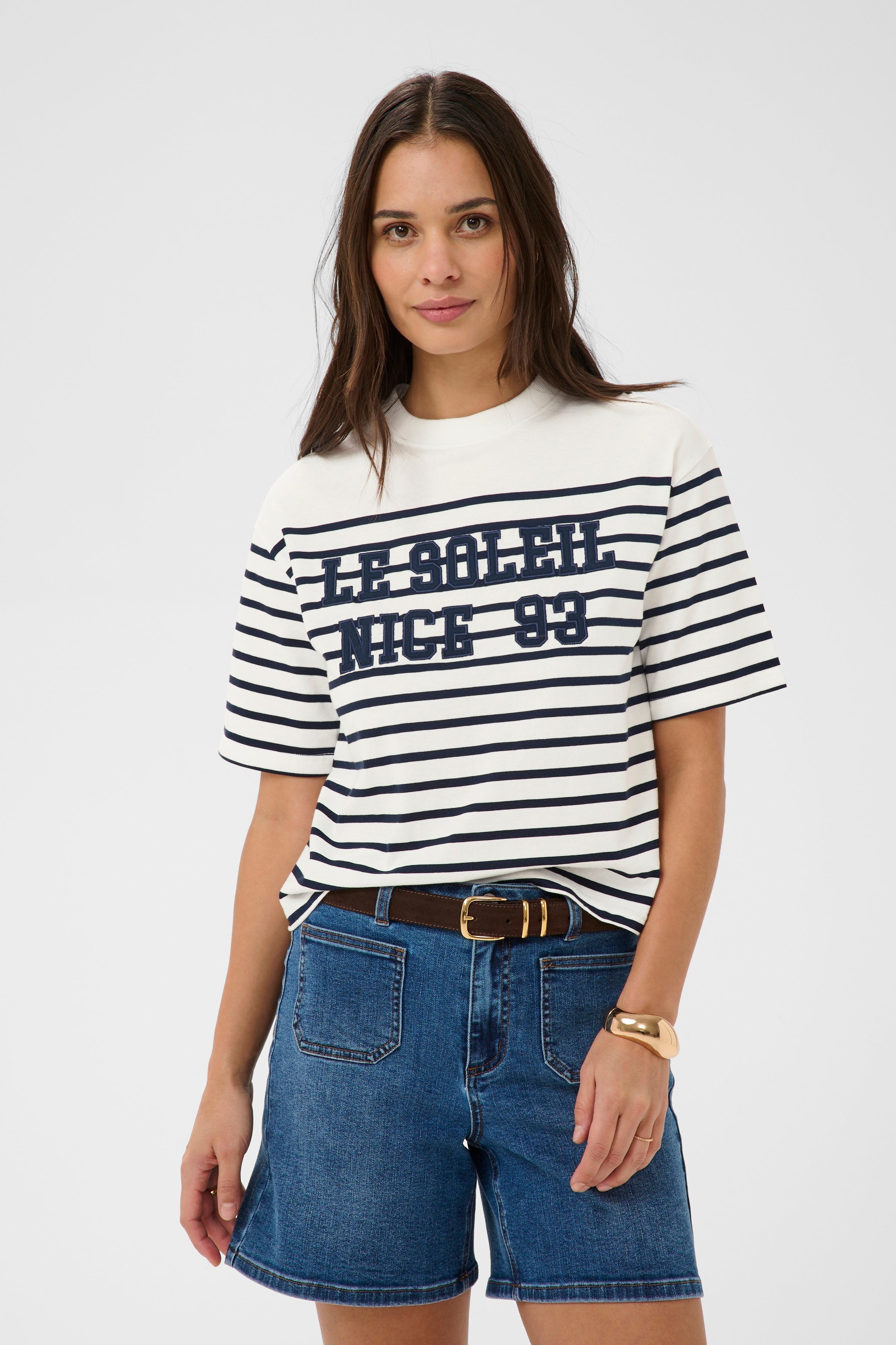 KAFFE Nolia T-shirt Stribet Chalk Hvid Midnight Marine Blå