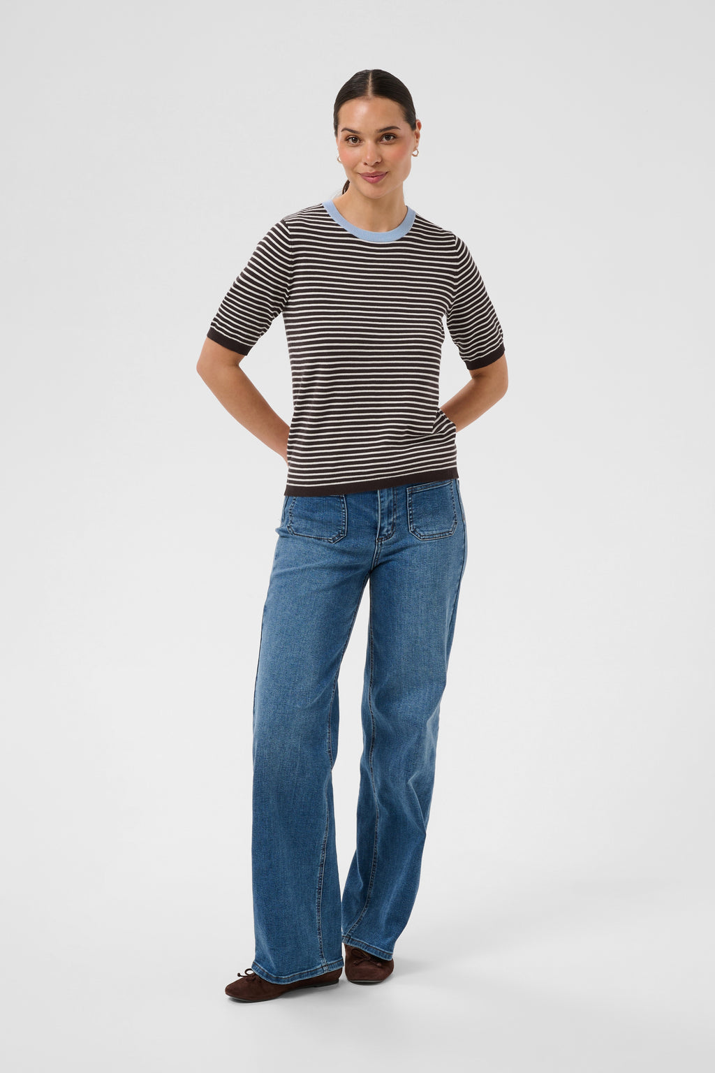 KAFFE Lizza Pullover Smal Stribet Coffee Bean Brun Turtledove Blå