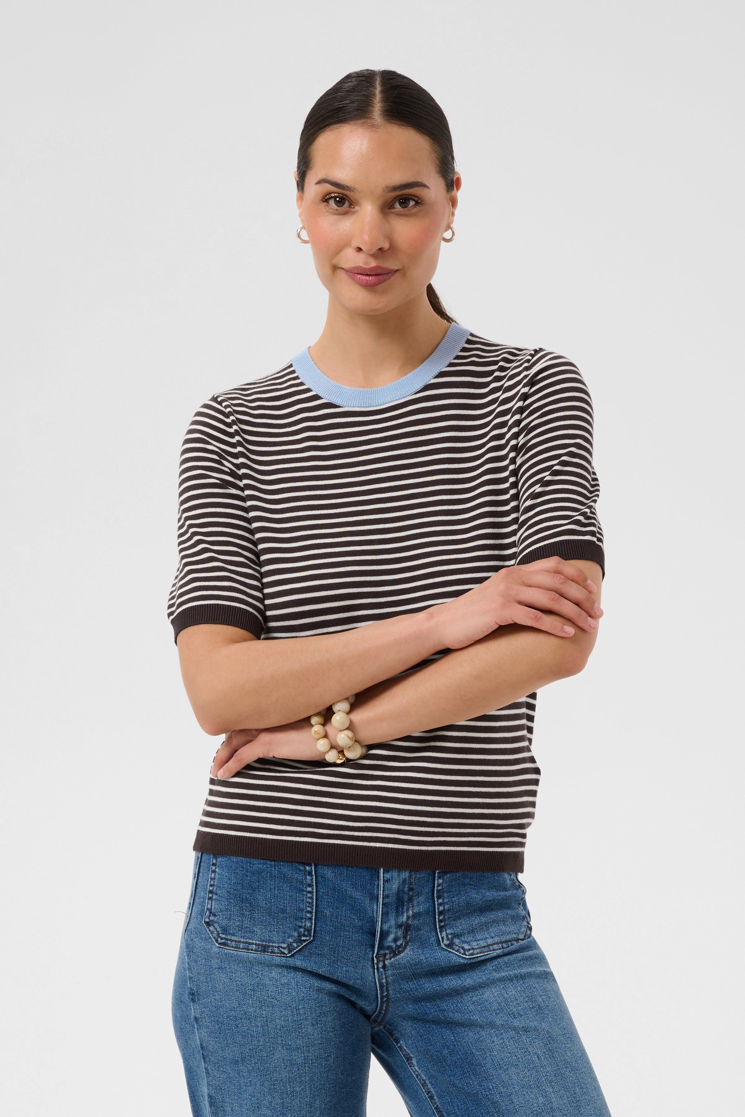 KAFFE Lizza Pullover Smal Stribet Coffee Bean Brun Turtledove Blå
