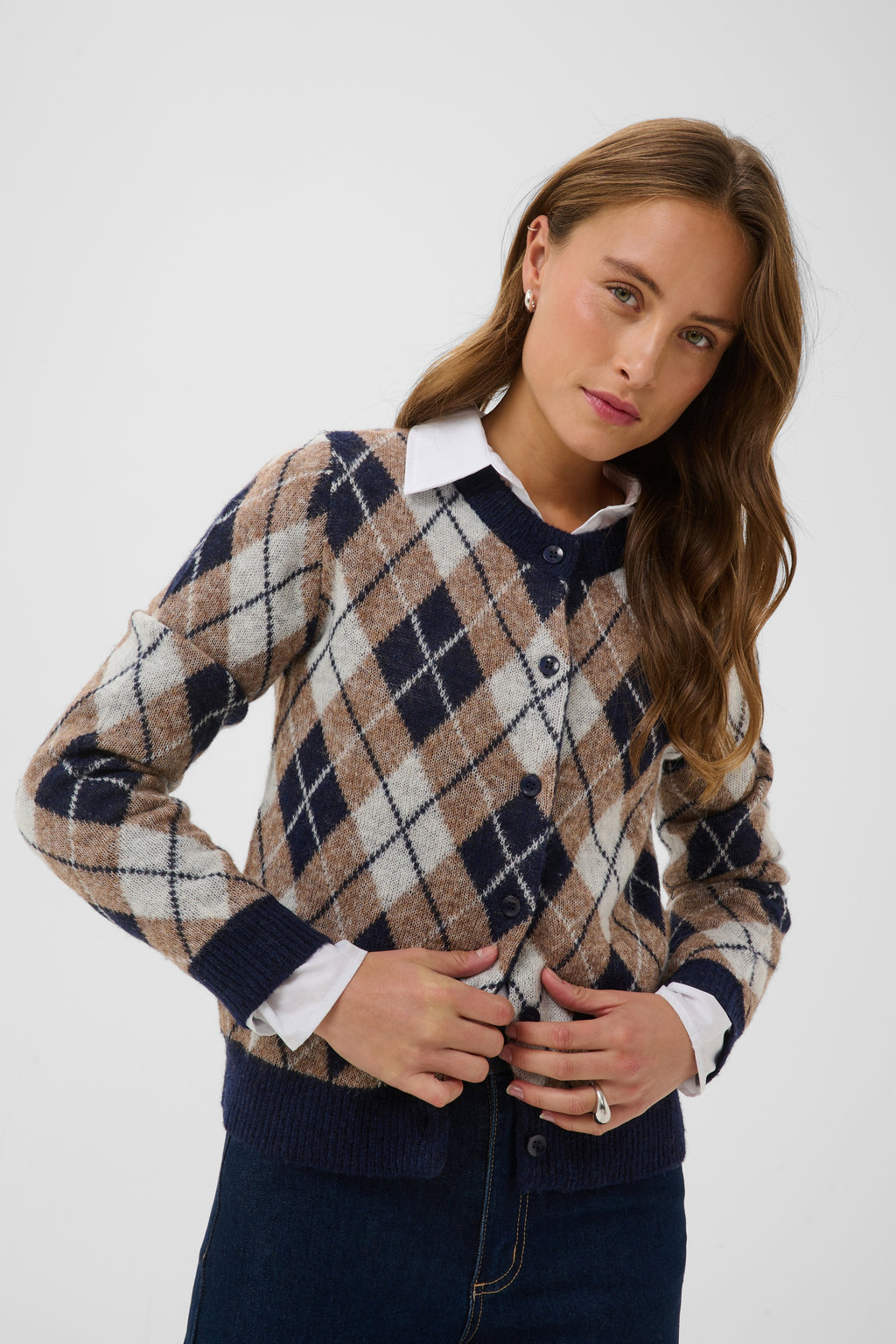 KAFFE Harlow Cardigan Midnight Blå Taupe Brun Hvid