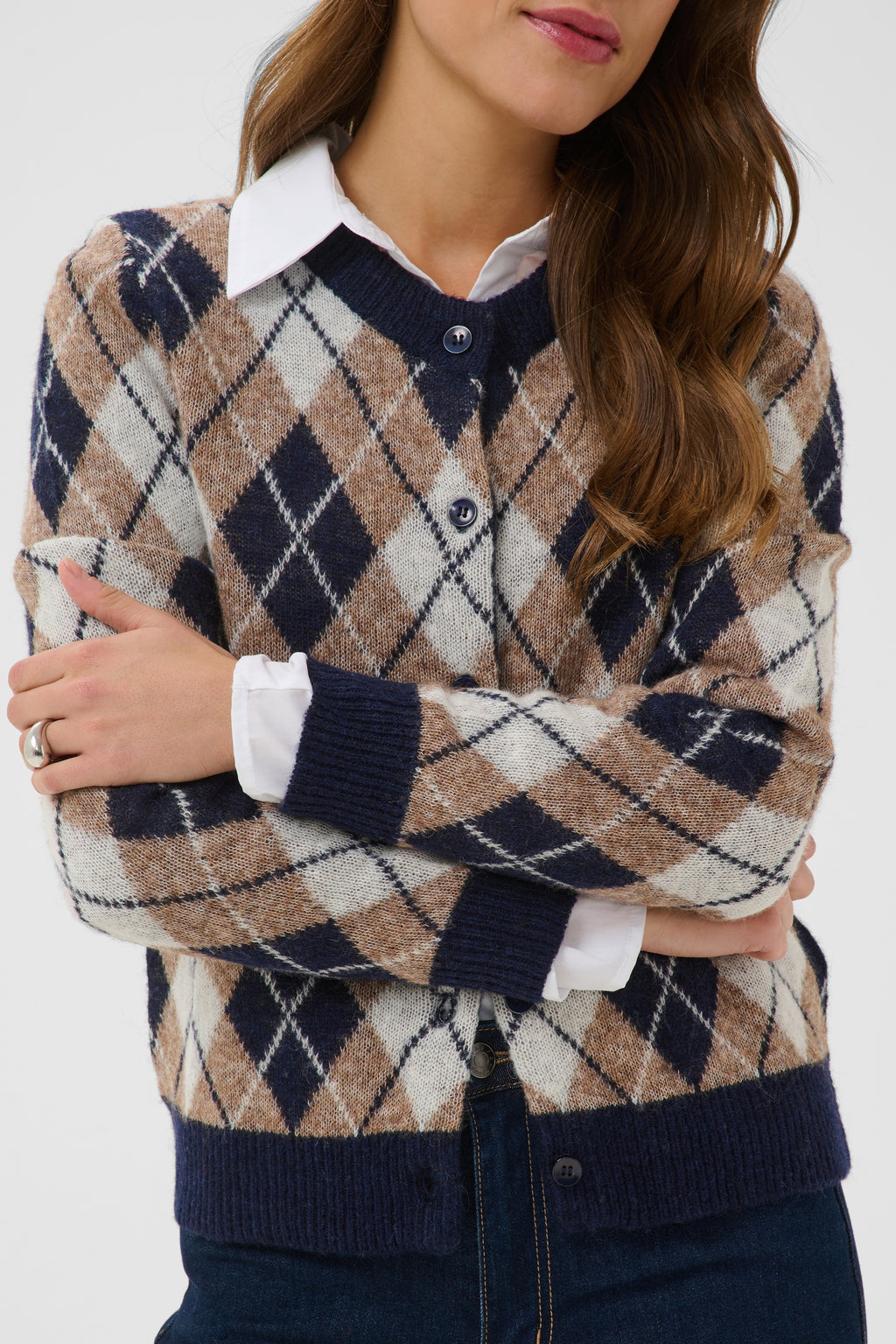 KAFFE Harlow Cardigan Midnight Blå Taupe Brun Hvid
