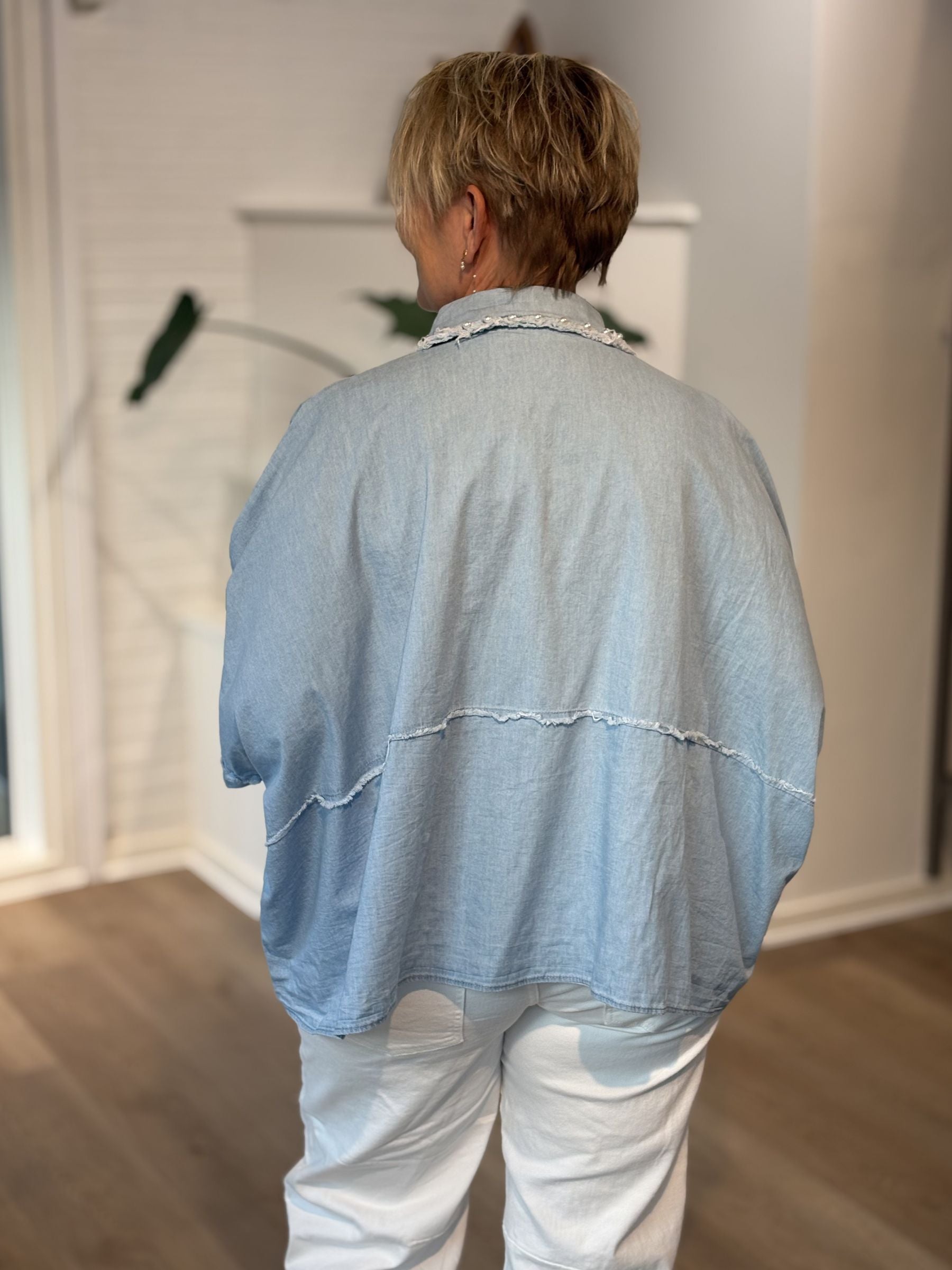 Sexy Woman Skjorte Bryst Broderi Denim Blå