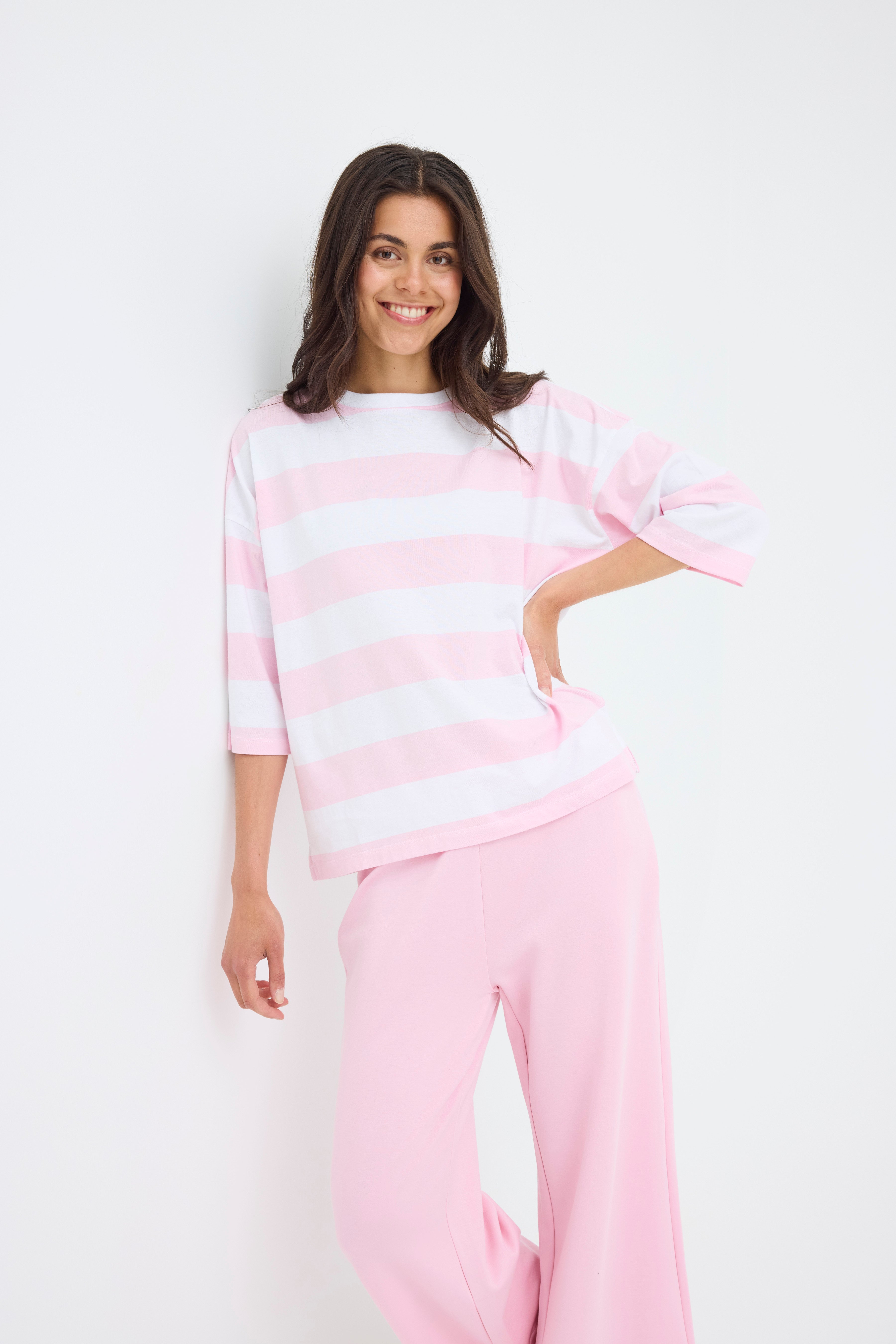Fransa Milda T-shirt 1 Stribet Hvid w Cameo Pink