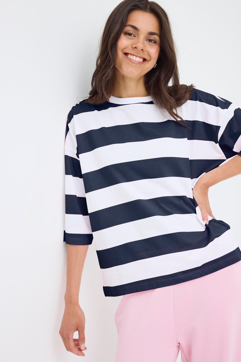 Fransa Milda T-shirt 1 Stribet Hvid w Navy Blå