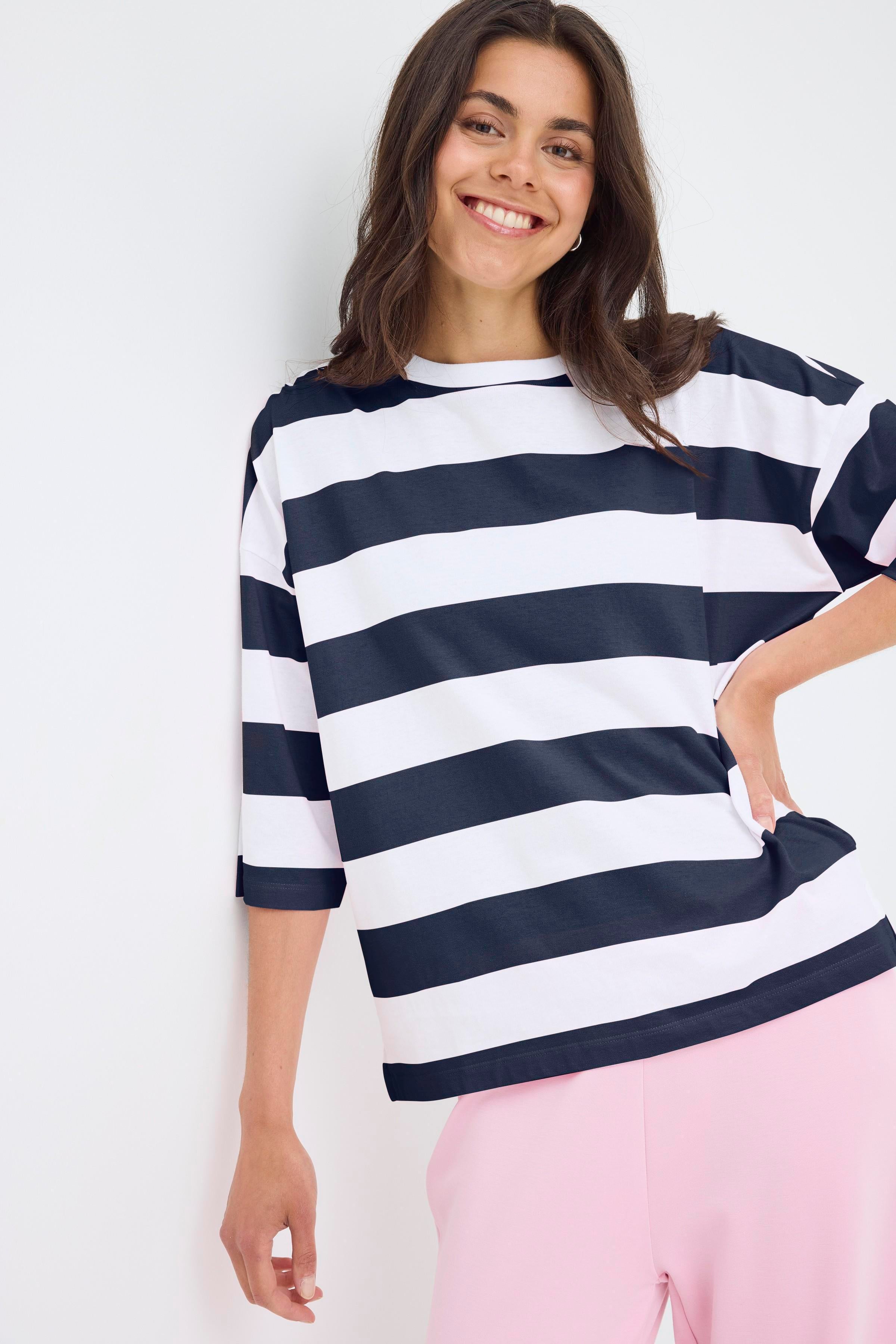 Fransa Milda T-shirt 1 Stribet Hvid w Navy Blå