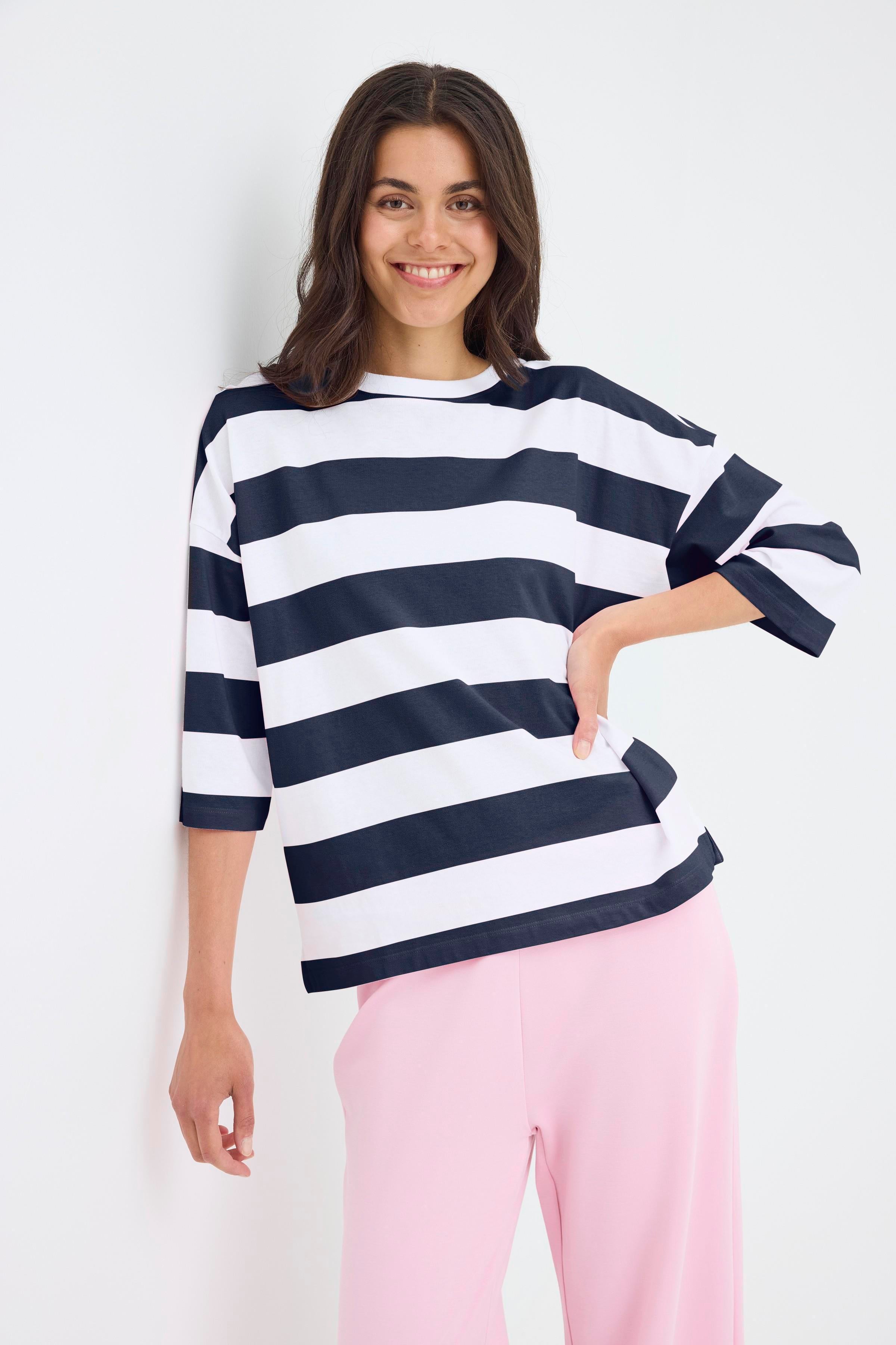 Fransa Milda T-shirt 1 Stribet Hvid w Navy Blå