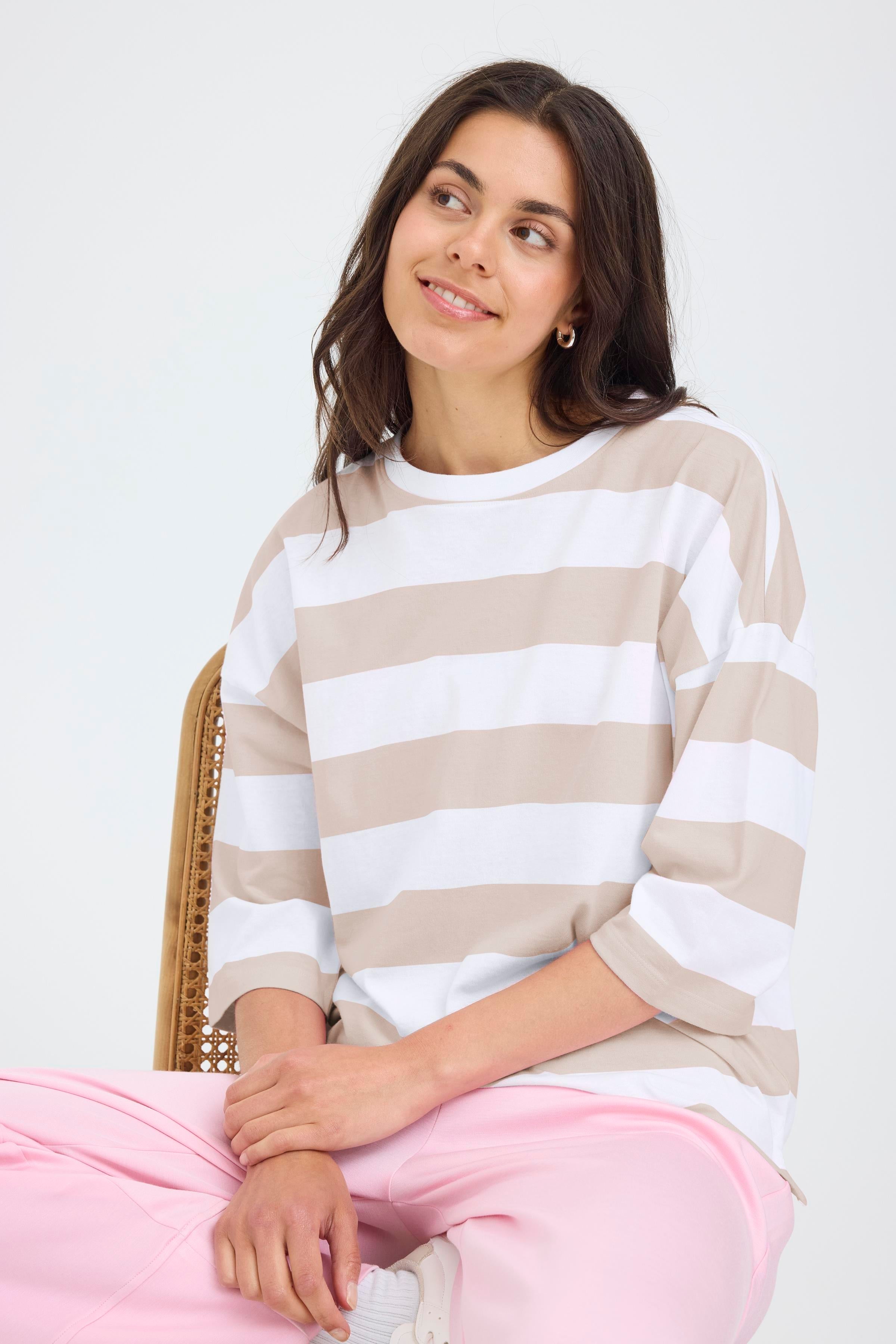 Fransa Milda T-shirt 1 Stribet Hvid w Moon Rock Brun