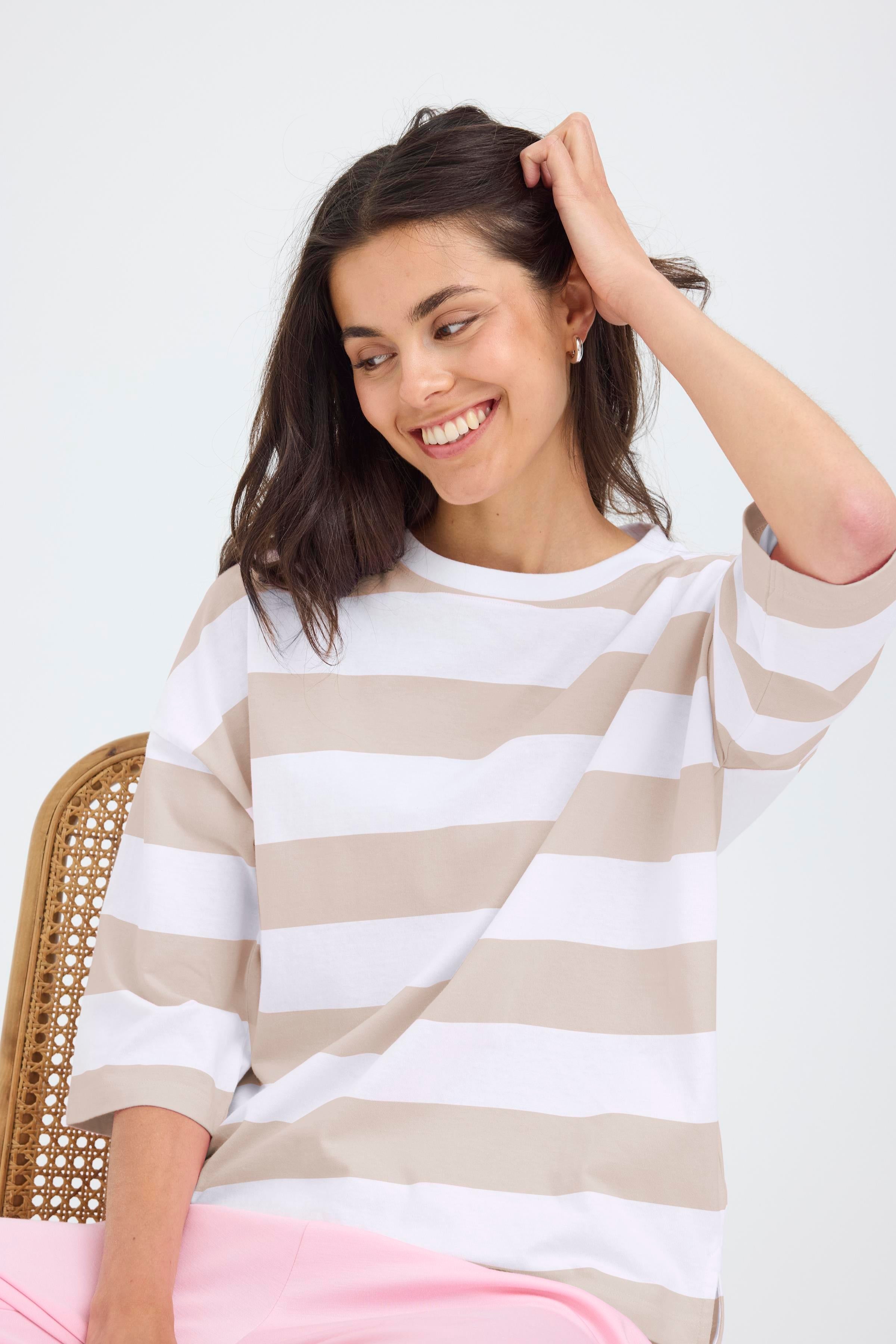 Fransa Milda T-shirt 1 Stribet Hvid w Moon Rock Brun