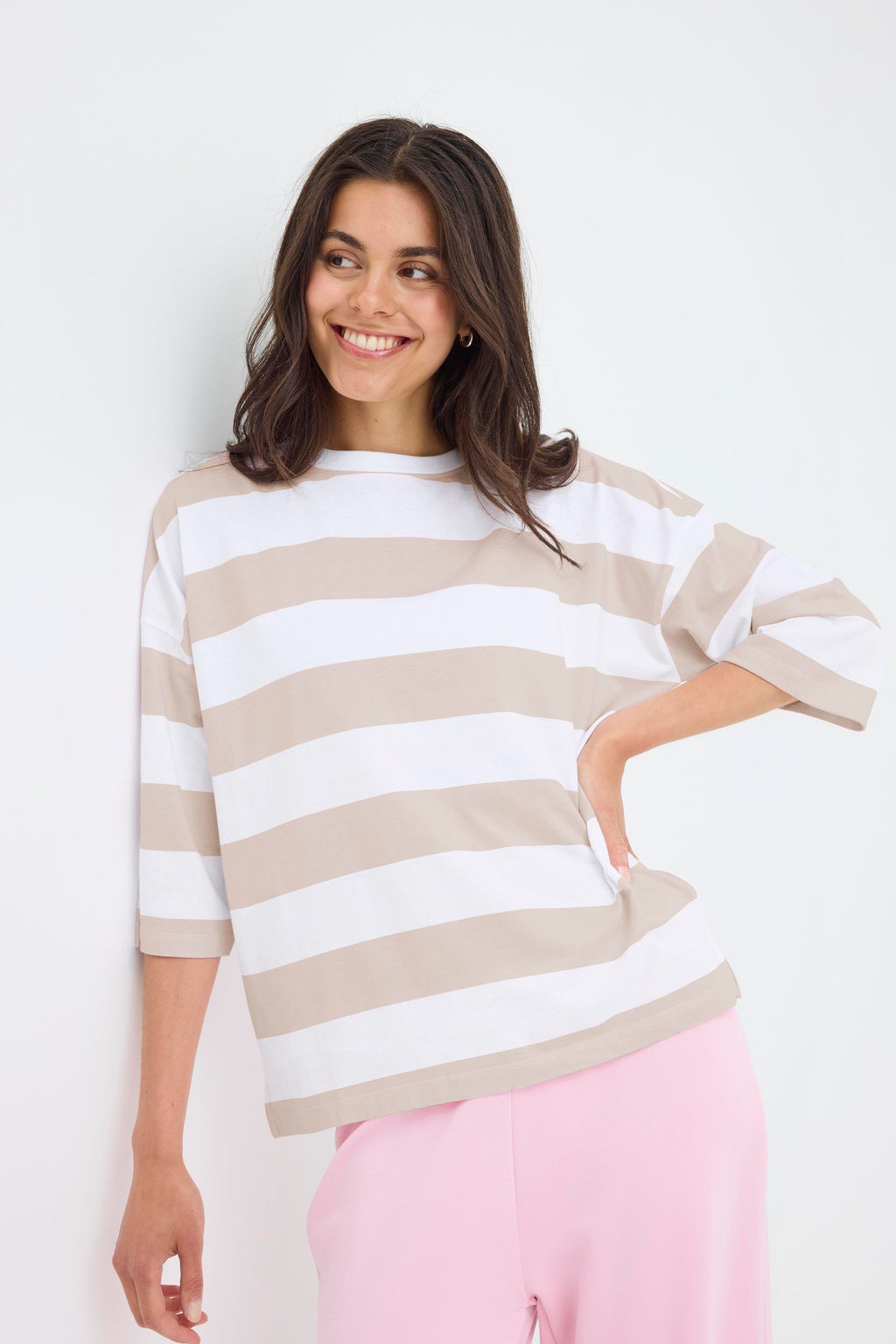 Fransa Milda T-shirt 1 Stribet Hvid w Moon Rock Brun