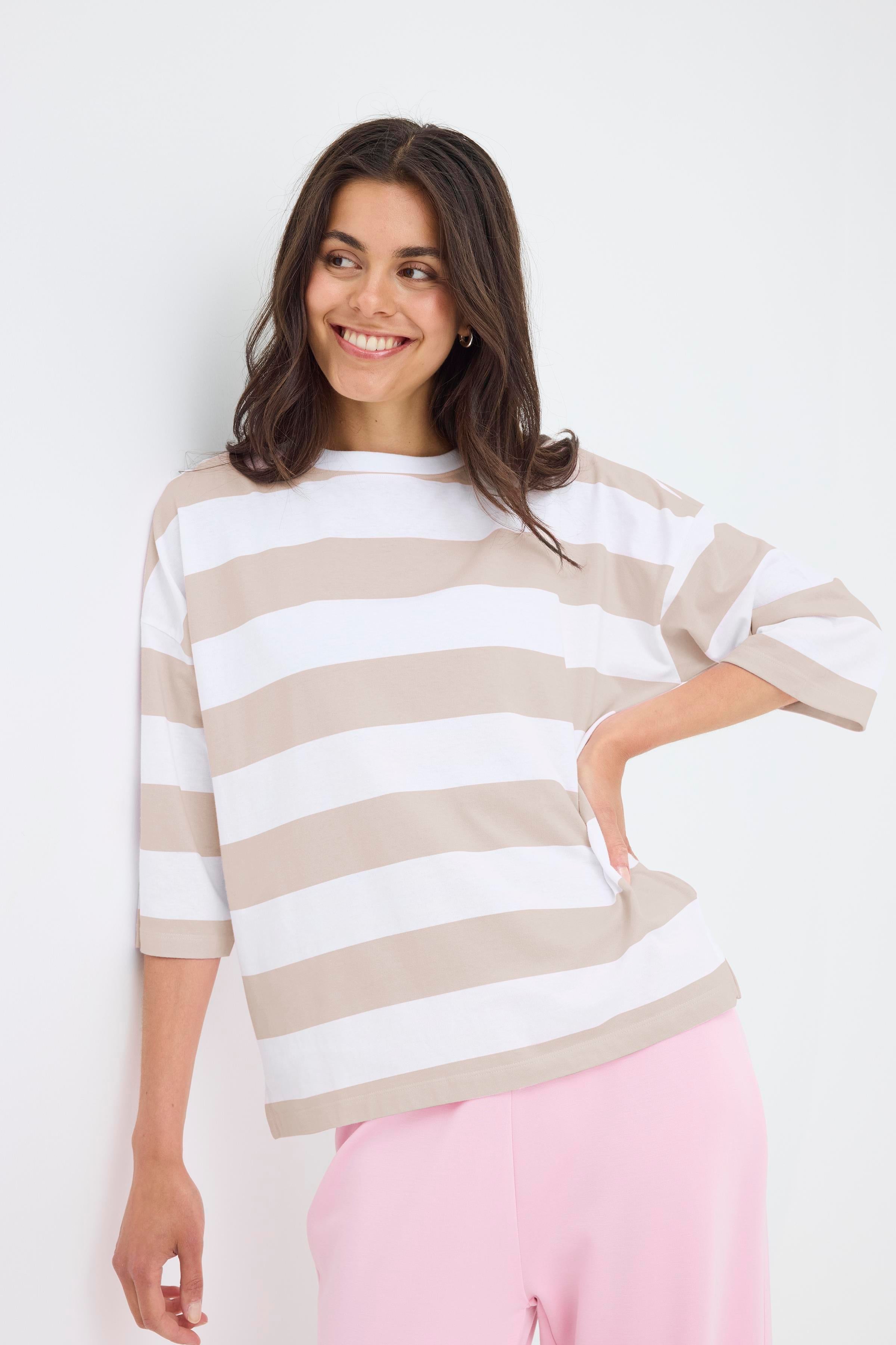 Fransa Milda T-shirt 1 Stribet Hvid w Moon Rock Brun