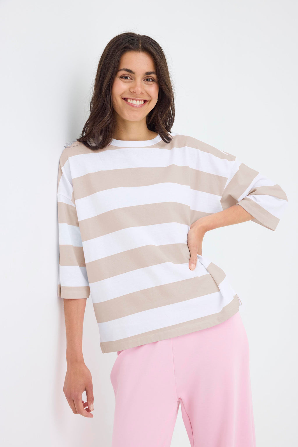 Fransa Milda T-shirt 1 Stribet Hvid w Moon Rock Brun