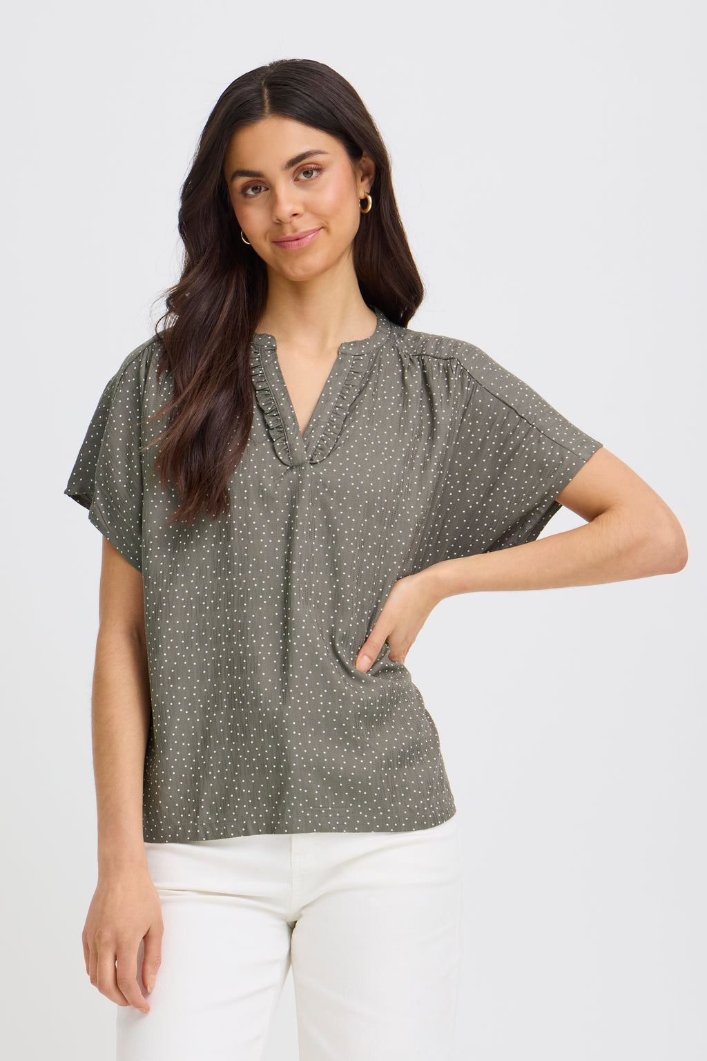 Fransa Laya Bluse 1 Prikker Hvid Smokey Olive Grøn