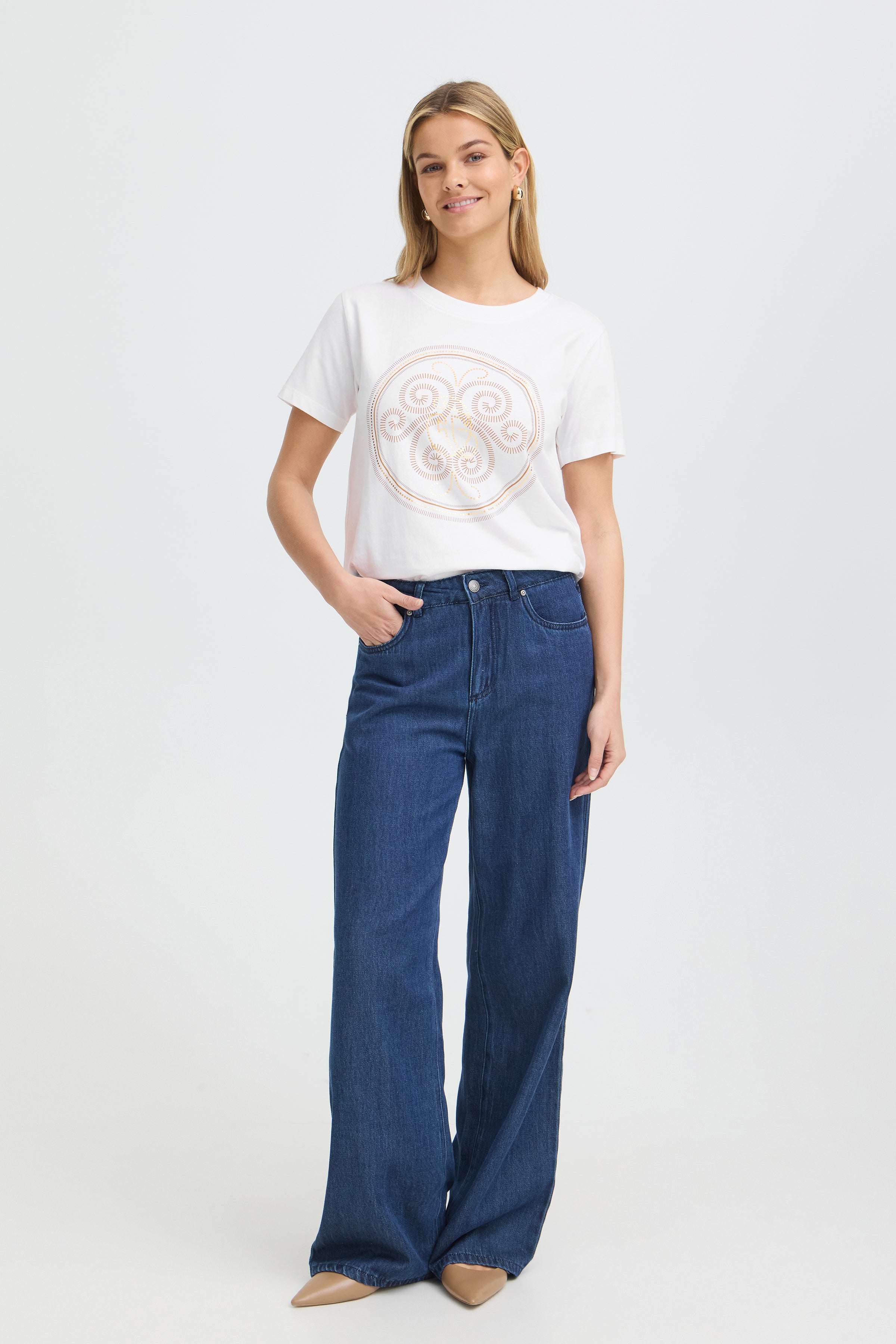 Fransa Zary 1 T-shirt Hvid w Tobacco Guld Foil