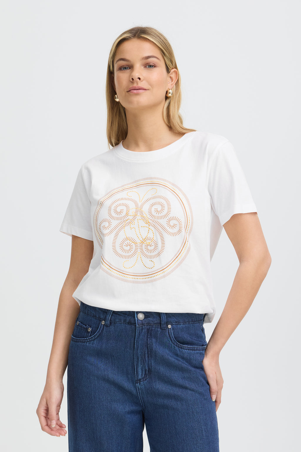 Fransa Zary 1 T-shirt Hvid w Tobacco Guld Foil
