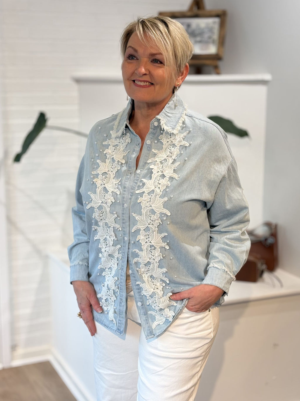 Sexy Woman Skjorte Perler Broderi Denim Blå