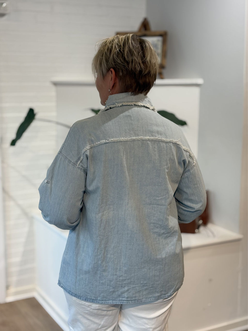 Sexy Woman Skjorte Perler Broderi Denim Blå