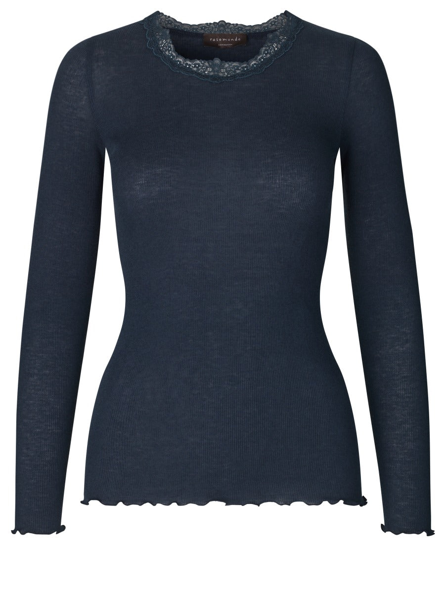 Rosemunde Copenhagen Uld T-Shirt Lange ærmer w Lace Navy Blå