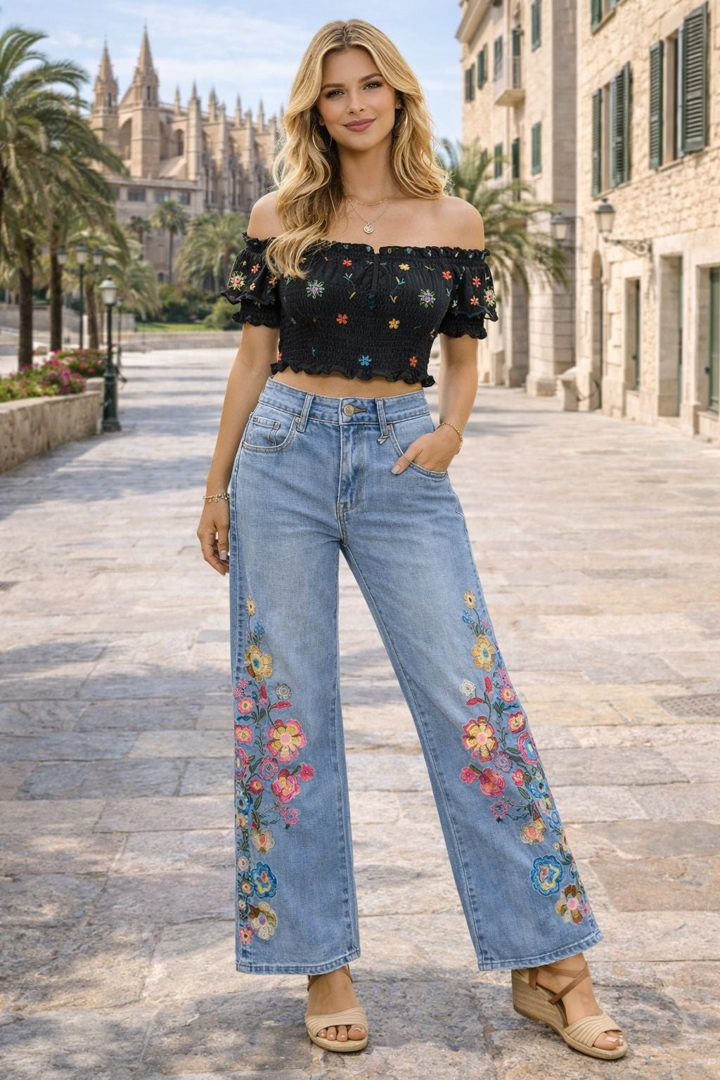 Zac & Zoe Jeans Wide Broderi Ben Denim Blå