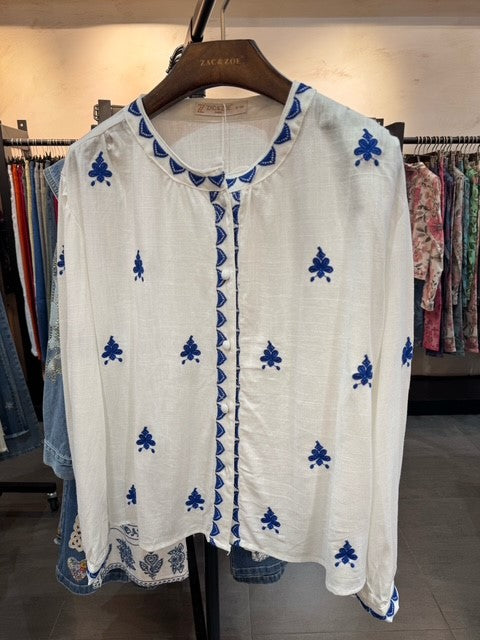 Zac & Zoe Skjorte Blå Broderi Ecru Hvid