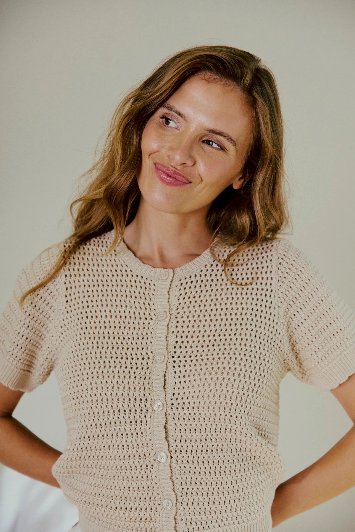 Freequent Tota Cardigan Hole Pattern Silver Mink Beieg