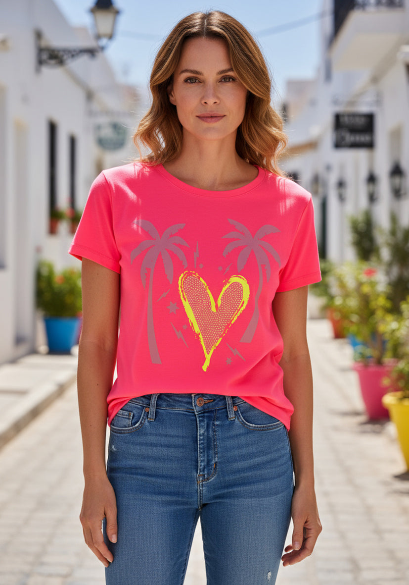 MIss Goodlife T Shirt Palmer Hjerte Neon Pink