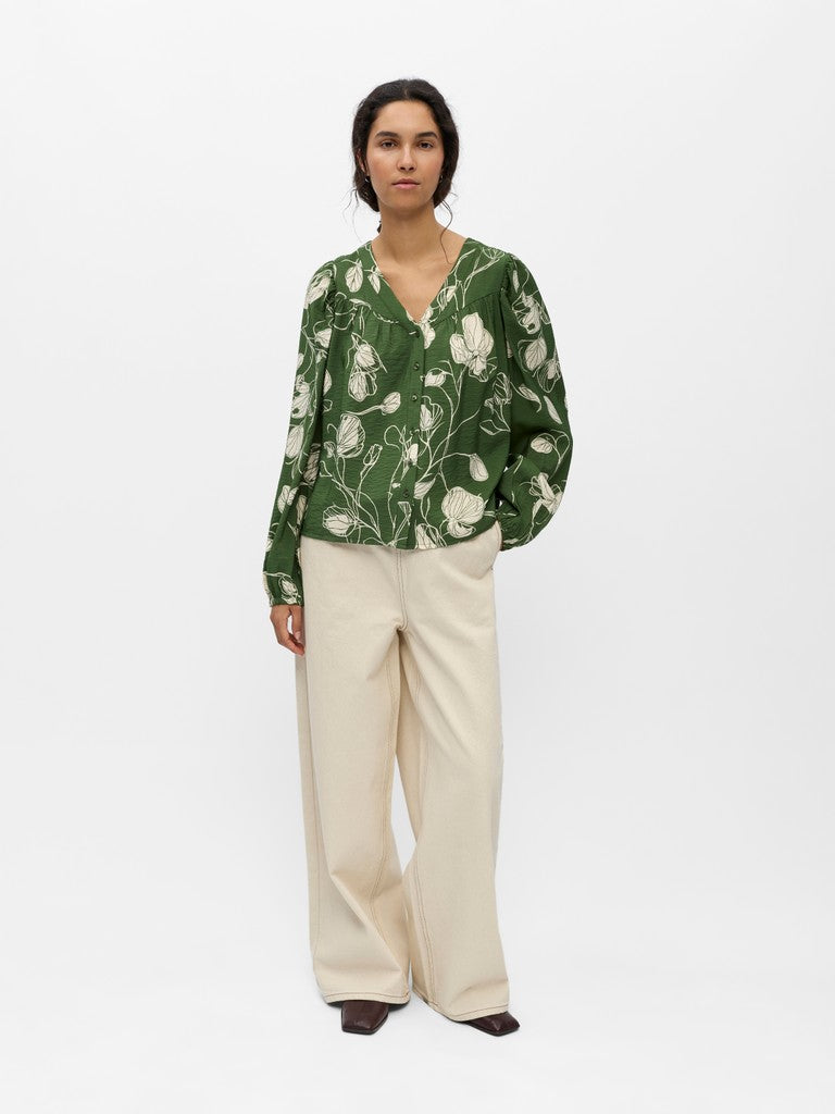 OBJECT JACIRA Top V-Neck Langærmet Bronze Grøn Birch Hvid
