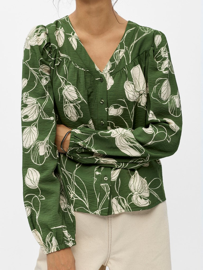 OBJECT JACIRA Top V-Neck Langærmet Bronze Grøn Birch Hvid