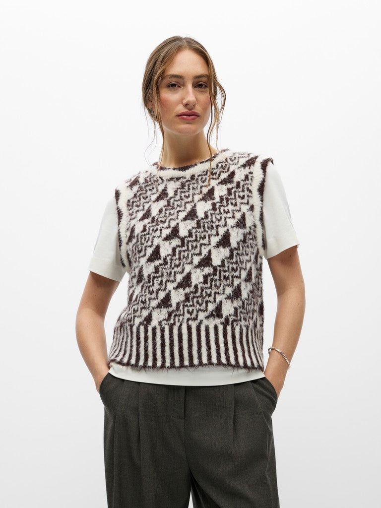 OBJECT RANDA Strik Vest Birch Hvid Chocolate Brun