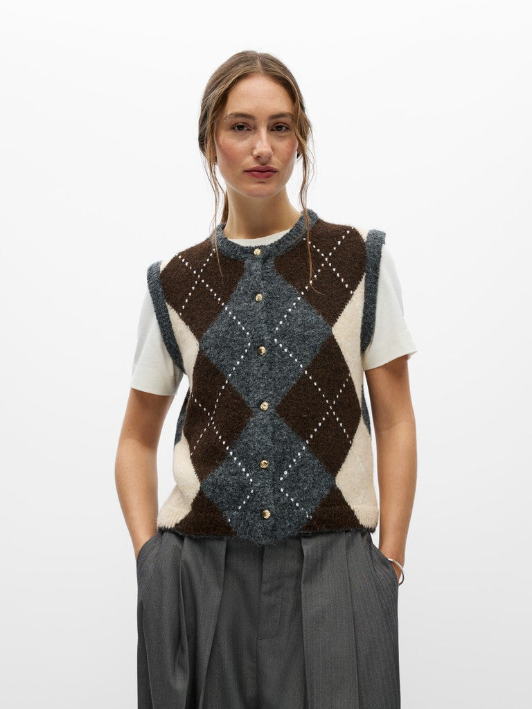 OBJECT BRENDA Strik Vest Cardigan Medium Grå Seal Brun