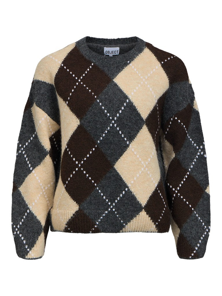 OBJECT BRENDA Pullover O-Neck Langærmet Medium Grå Seal Brun