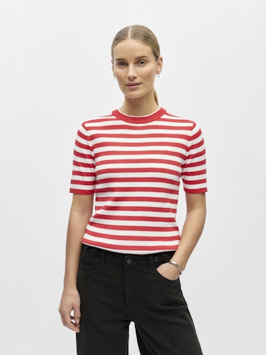 OBJECT ESTER Strik Pullover Kortærmet Stribet Poinsettia Rød Cloud Hvid