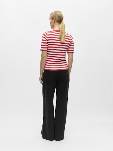 OBJECT ESTER Strik Pullover Kortærmet Stribet Poinsettia Rød Cloud Hvid