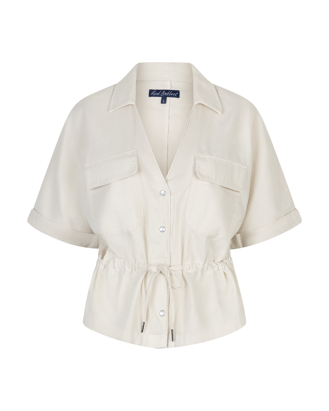 Red Button Drew Bluse Drawstring Linen Pearl Hvid
