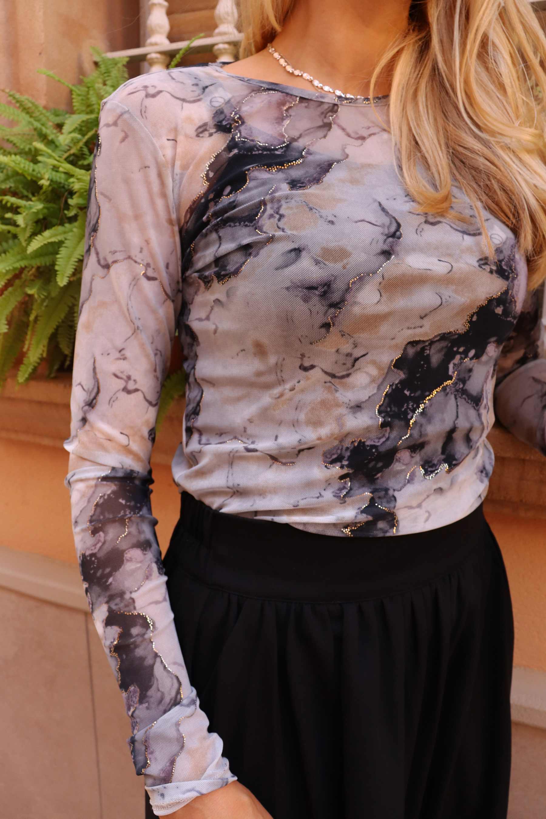 Liberte Mesh Langærmet T-Shirt Sort Grå Marble