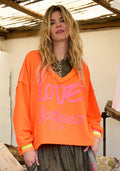MISS GOODLIFE Sweatshirt V-Neck Wide Love Happiness Neon Orange Pink